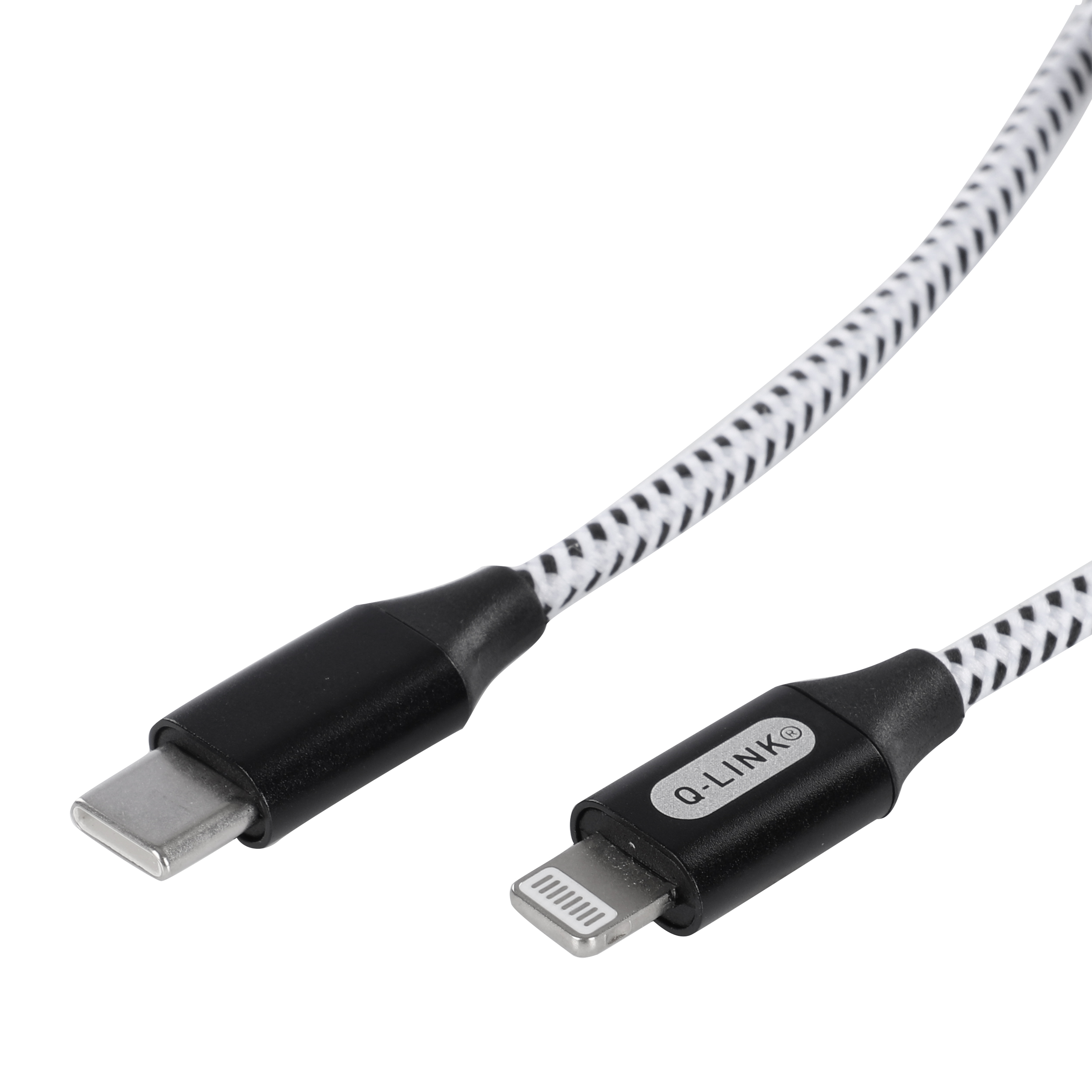 Q-Link datakabel - type-C/8 pin - 1 m - textiel - zwart/wit