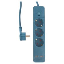 Q-Link stekkerdoos - 3-voudig - randaarde - plat - 2 x USB - 3 x 1.5 mm² - 1.5 m - textiel - blauw