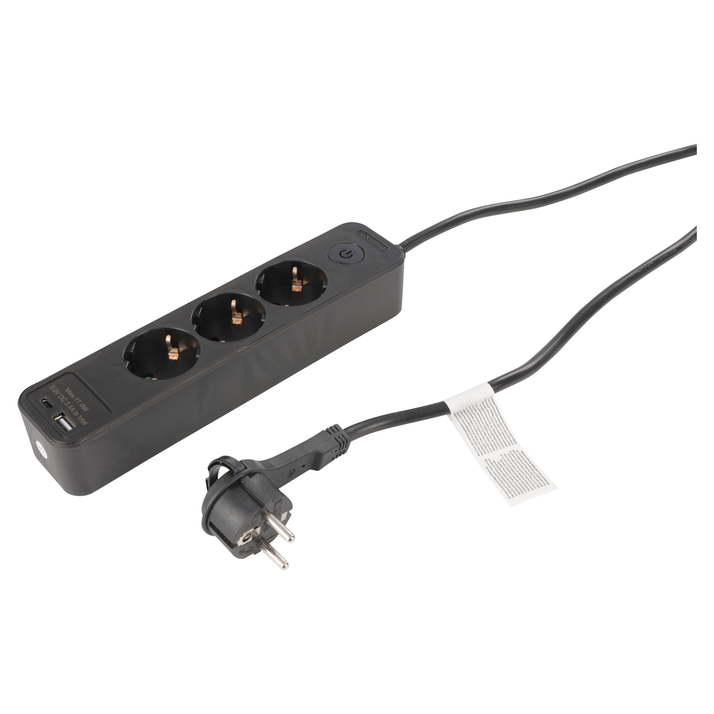 Q-Link stekkerdoos - 3-voudig - randaarde - met platte stekker - USB A/C - 3 x 1.5 mm² - 1.5 m - zwart