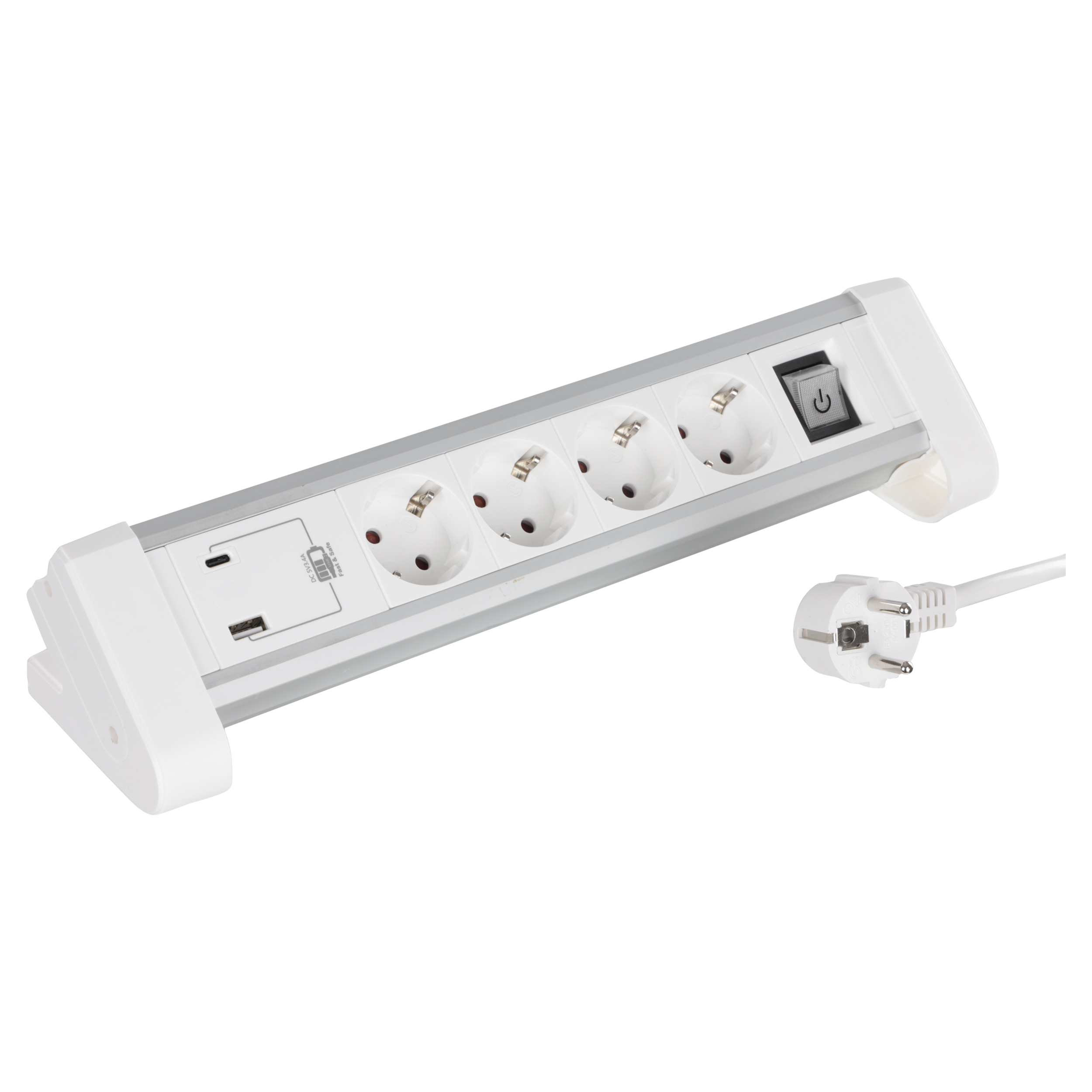 Q-Link stekkerdoos - 4-voudig - randaarde - USB A/C - voor bureau - 3 x 1.5 mm² - 1.5 m - wit/grijs