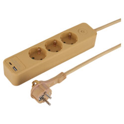 Q-Link stekkerdoos - 3-voudig - randaarde - plat - USB A/C - 1.5 m - 3 x 1.5 mm² - textiel - mat goud