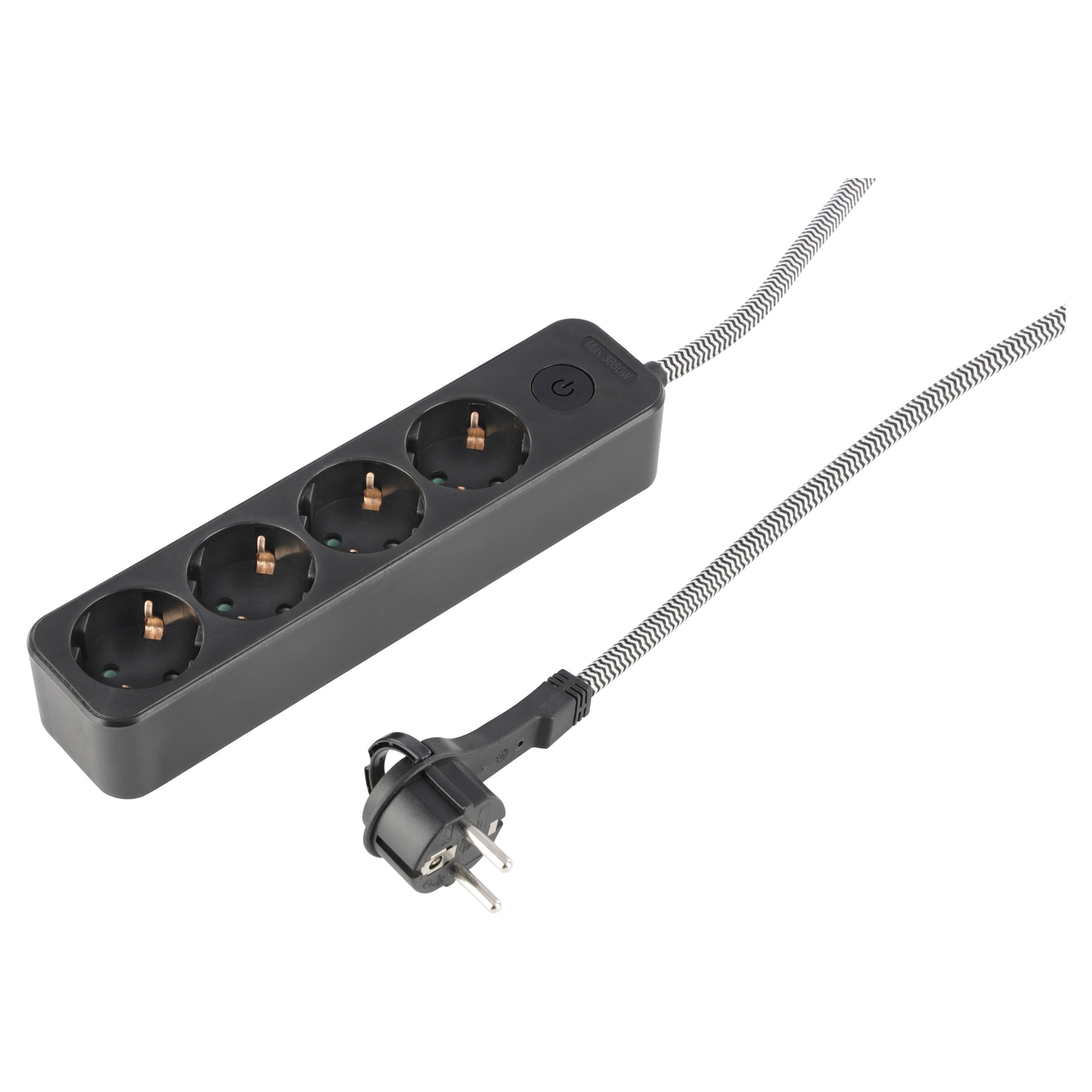 Q-Link stekkerdoos - 4-voudig - randaarde - plat - 3 x 1.5 mm² - 3 m - textiel - zwart/wit